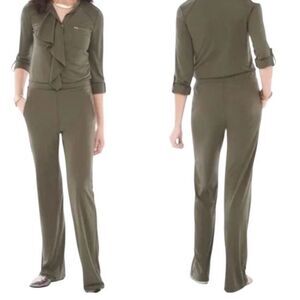 Chico's One Piece Ruffle Jumpsuit Olive Green Pockets Size 2 US Large 12 Petite